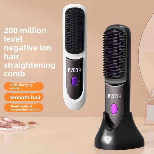 SheNova Pro Cordless Hair Straightening Brush – Portable 2-in-1 Anti-Frizz Styler