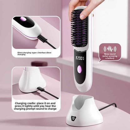 SheNova Pro Cordless Hair Straightening Brush – Portable 2-in-1 Anti-Frizz Styler