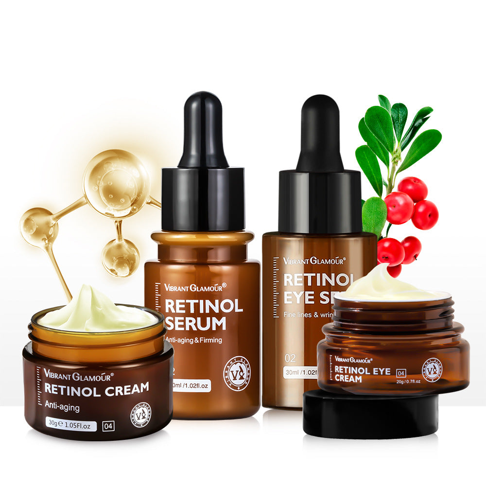 Set of skincare products including serum, eye cream, and cream with decorative elements on a white background.