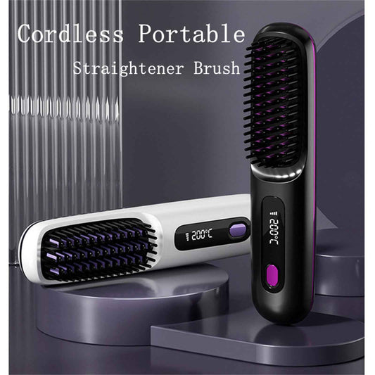 SheNova Cordless Hair Straightening Brush – Portable 2-in-1 Anti-Frizz Styler