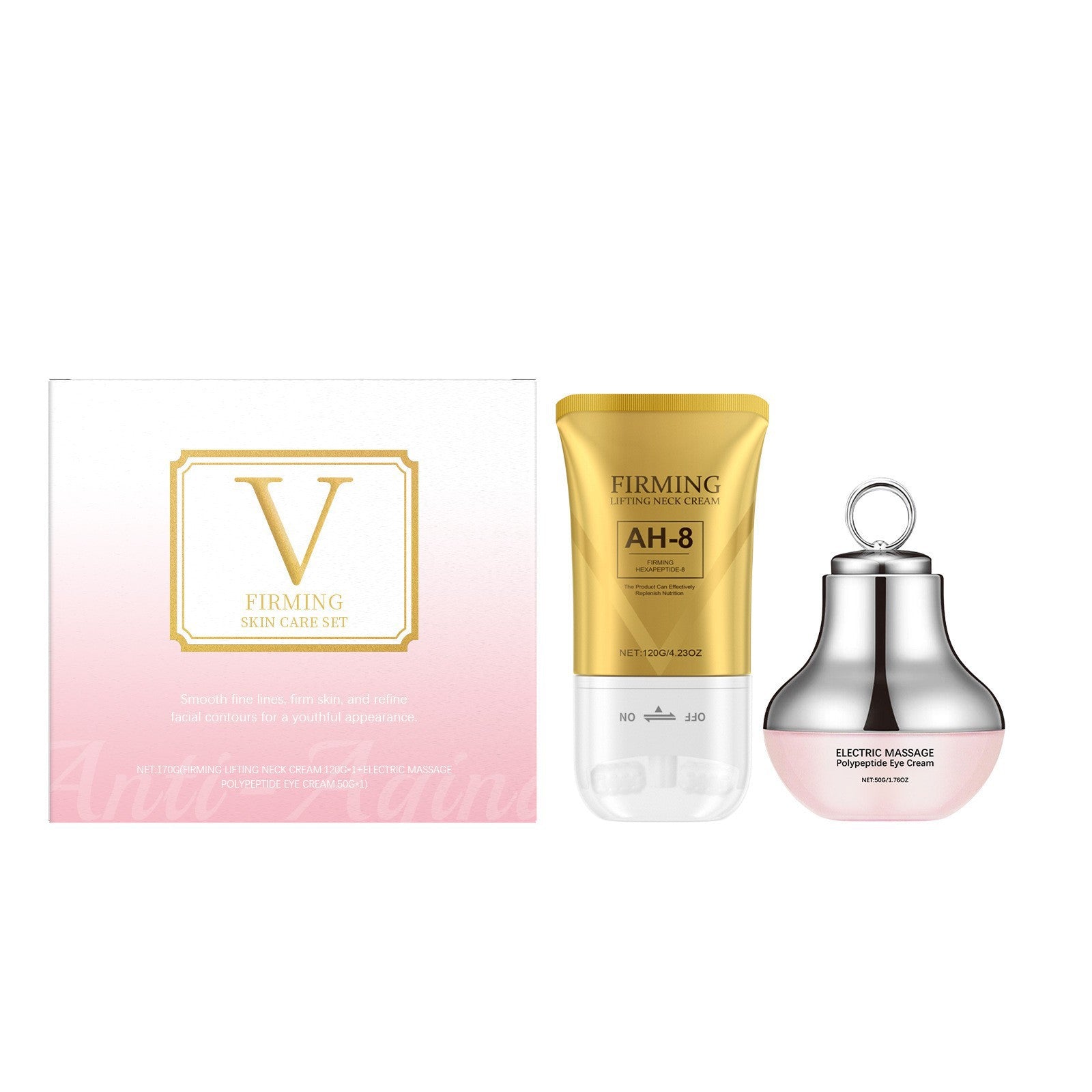 Skincare product set with a pink and gold box, tube, and massage ball on a white background