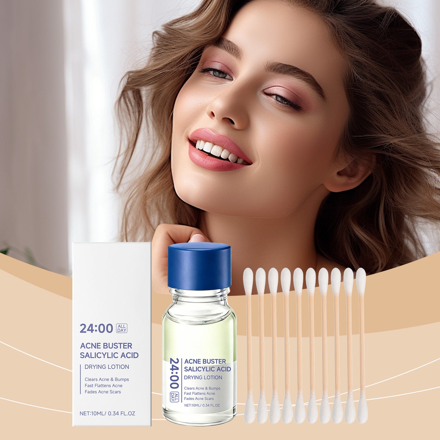 Skincare product set with bottle, box, and applicators on a neutral background