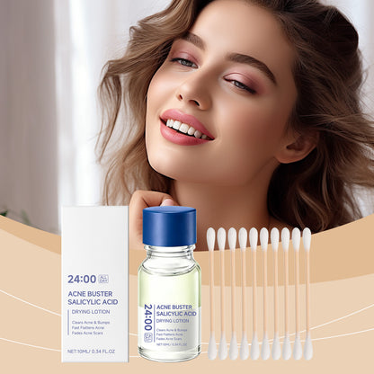 Skincare product set with bottle, box, and applicators on a neutral background
