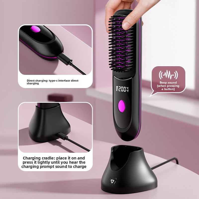 SheNova Pro Cordless Hair Straightening Brush – Portable 2-in-1 Anti-Frizz Styler
